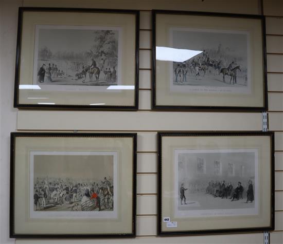 J. Ryman publ., set of four lithographs, A scene at the Brocas; Cricket match; Supper at Surley and Speeches